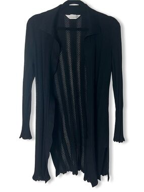 Misook Women’s Long Line Black Scalloped Open Weave Cardigan Sz M
